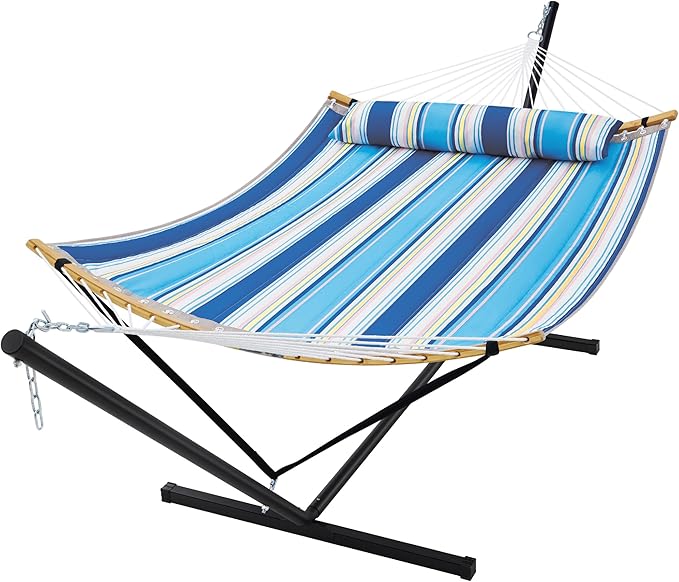 SUPERJARE Curved-Bar Hammock with Stand, 2 Person Heavy Duty Hammock Frame, Detachable Pillow & Portable Carrying Bag, Perfect for Outdoor & Indoor, Holiday Voyage Stripe