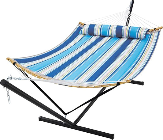 SUPERJARE Curved-Bar Hammock with Stand, 2 Person Heavy Duty Hammock Frame, Detachable Pillow & Portable Carrying Bag, Perfect for Outdoor & Indoor, Holiday Voyage Stripe
