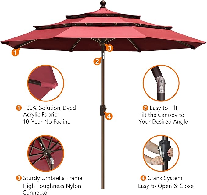 EliteShade USA 10-Year-Non-Fading 10ft 3-Tier Market Patio Umbrella, Commercial Grade Outdoor Table Umbrella with Crank Open, Windproof & UPF 50+ UV Protection, Heavy Duty Ventilation for Garden, Deck, Pool, Backyard, Beach & Bistro, Burgundy