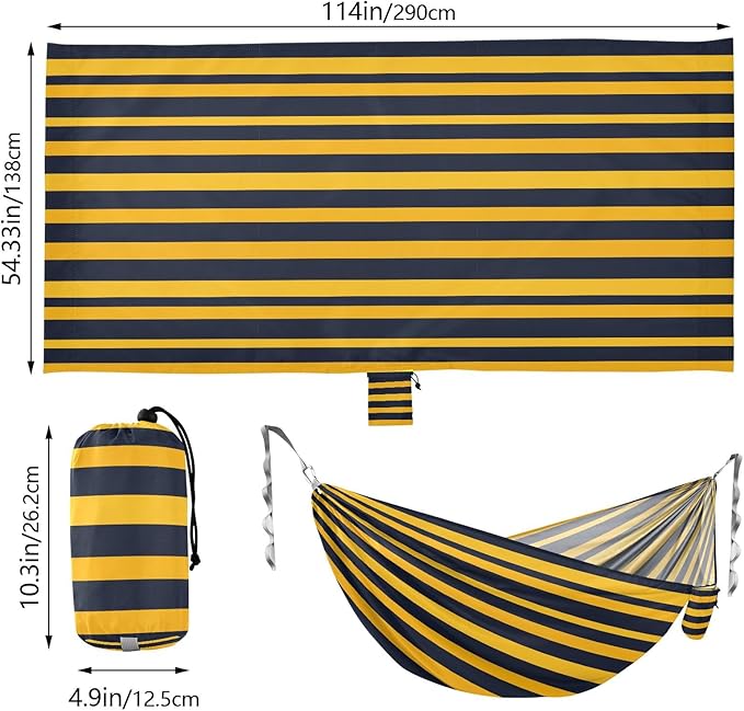 Camping Hammock Outdoor Hammocks for Outside Yellow Black Stripe Beach Trees Portable Lightweight with Pockets Tree Straps Indoor