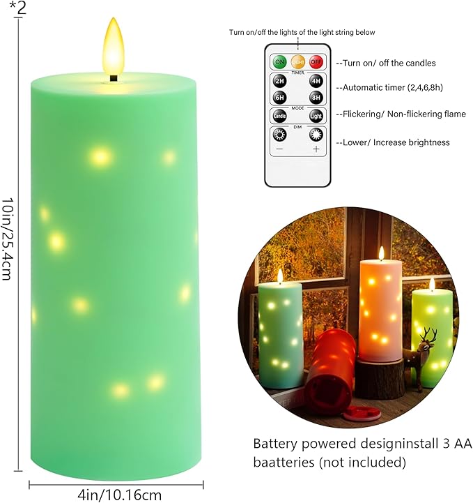 kakoya 10" x 4" Large Outdoor Waterproof Flickering Flameless Candles with Timer,2Pcs Battery Operated LED Pillar Candles with Embedded Star String for Outdoor Lanterns,Porch,Patio Decor(Green)