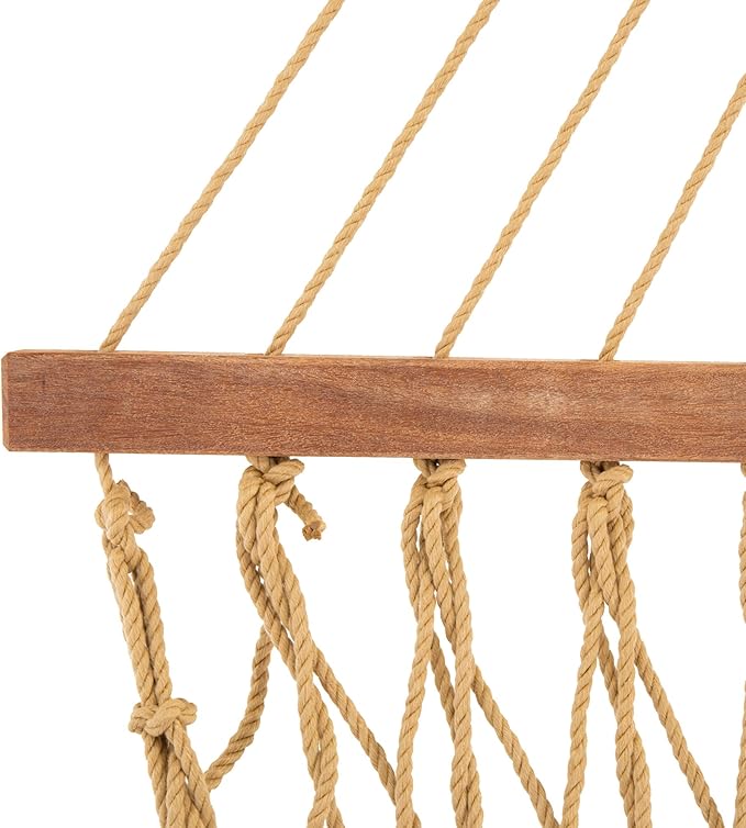 Nags Head Hammocks Single Tan DuraCord Rope Hammock – 12 ft. x 50 in., 450 lb Capacity, Cumaru Spreader Bar, Galvanized Hardware, Handcrafted in USA, Free Chains & Tree Hooks