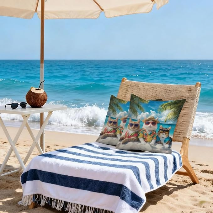 18x18 Inch Outdoor Pillow Covers Set of 2 Waterproof Throw Pillow Covers Decorative Couch Cushion Covers Beach Cats with Sunglasses Square Pillowcases Protectors for Patio Garden Sofa