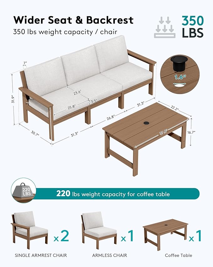 SERWALL HDPE Patio Sofa Set, 4-piece Sectional Outdoor Furniture Set, All Weather Outdoor Couch Set Patio Furniture Set for Deck, Lawn, Brown Frame with Khaki Cushion