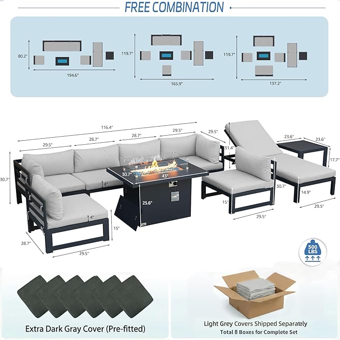 NICESOUL 9 Piece Large Modern Aluminum Outdoor Patio Furniture Set with Lounge & Fire Pit Table, 29" Wide Deep Seating, All Weather Sectional Sofa, 500 lbs Heavy Duty Deck Conversation Set, Light Gray