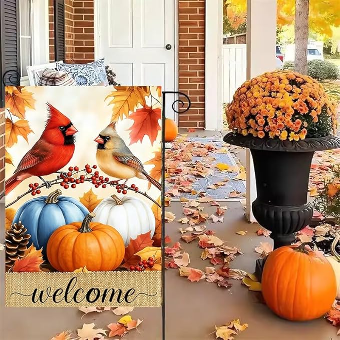 Welcome Fall Pumpkin Cardinal Garden Flags 12x18 Double Sided, Small Burlap Autumn Thanksgiving Farmhouse Outdoor Fall Decorations Yard Porch Lawn Flags for Outside
