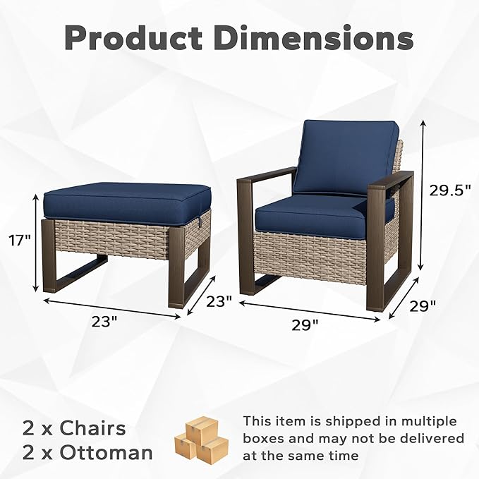 Joyside Outdoor Patio Chairs, 4 Pieces Wicker Rattan Furniture Set, 2 Patio Chairs and 2 Ottoman, Metal Wide Armrest, Thick Cushions and Deep Seating for Garden, Backyard, Porch, Deck