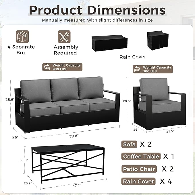 Outdoor Patio Furniture Set, 5-Piece Aluminum Patio Conversation Set All-Weather Metal Outdoor Sectional with 6 Inch Thick Cushions, Deep Setting for Garden, Outside and Porch, Grey
