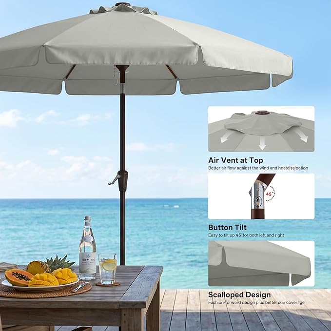 ABCCANOPY 9ft Scalloped Patio Umbrella, Outdoor Table Umbrella with Tilt and Crank, Fiberglass Ribs Deck Umbrella for Patio, Pool, Garden, Picnic (Light Gray)