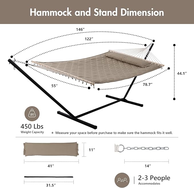 ANOW 2 Person Hammock with 12FT Stand, Heavy Duty Hammock with Stand for Outdoors, 450 LBS Weight Capacity, Light Brown