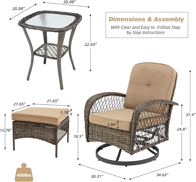 EROMMY 5 Pieces Outdoor Swivel Rocker Patio Chairs, 360 Degree Rocking Patio Conversation Set with Thickened Cushions, Glass Coffee Table and Ottomans for Backyard, Khaki