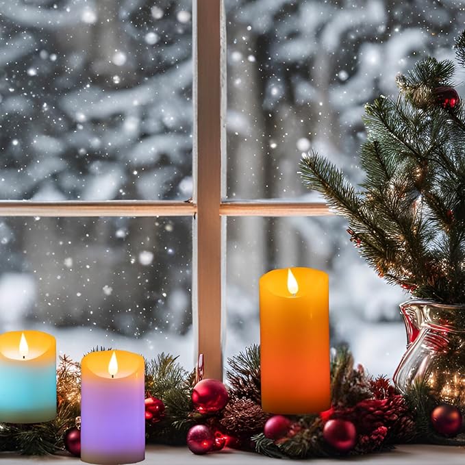 Flameless LED Color Changing Candles, Battery Operated Candle with Remote Control and Timer, Realistic Flame, Dimmable, Pillars for Christmas Party Decoration, D3''xH4''5''6'', 3Pcs