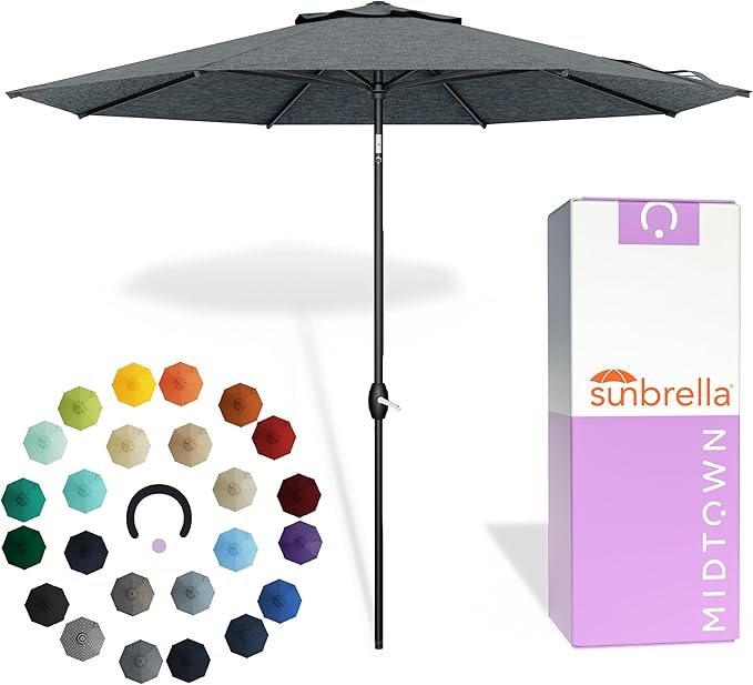 Midtown Umbrellas - The Lean 8 Ft Patio Umbrella with Fade-Resistant Sunbrella Fabric, Auto-Tilt Aluminum Frame and 8 Reinforced Ribs for Deck, Pool & Garden - Cast Slate Canopy, Black Pole