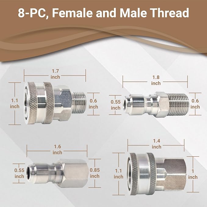 Pressure Washer Quick Connect, 3/8 Inch Quick Connect Pressure Washer Fittings, Stainless Steel, 8-PC, Female and Male Thread