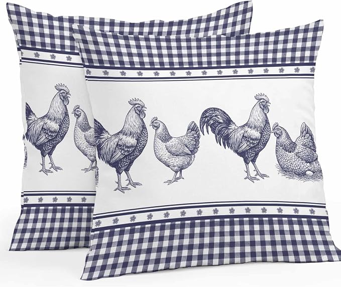Navy Blue Rooster Outdoor Pillow Covers 16x16 Inch Throw Pillow Covers Set of 2 Waterproof Decorative Pillow Cases Vintage Farmhouse Blue Plaid Cushion Covers for Patio Furniture Garden Couch Sofa
