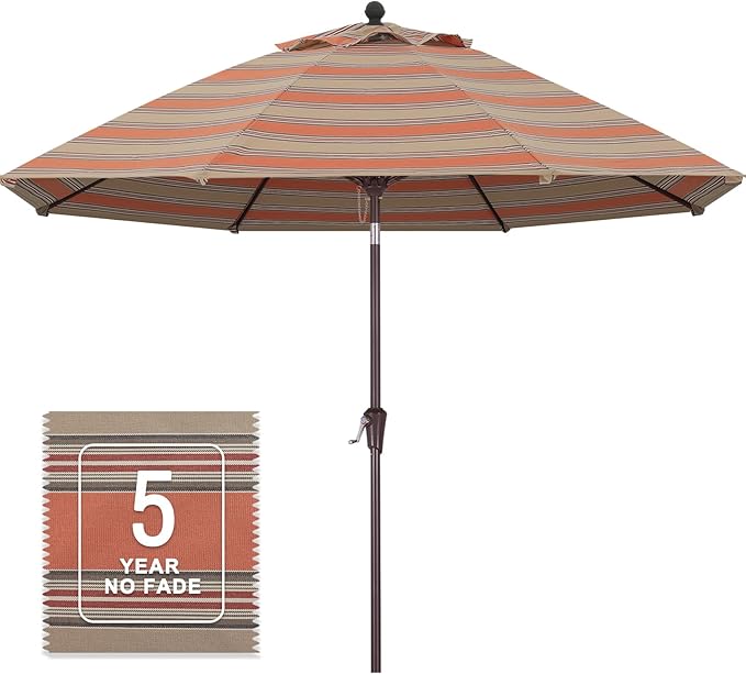 MASTERCANOPY Olefin 5-Year-Non-Fading 9ft Patio Umbrella with Tilt and Crank, Large UV Resistant Outdoor Table Umbrella with 8 Fiberglass Ribs for Deck, Yard & Market, Coffee & Orange Multi-Stripes