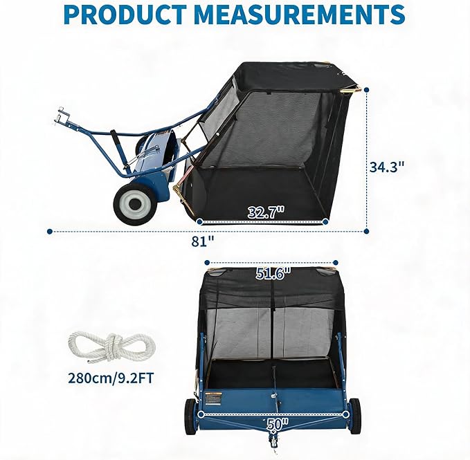 50" Tow Behind Lawn Sweeper, 33 cu. ft Extra-Large Capacity Leaf & Grass Collector-Adjustable Sweeping Height, Dumping Rope Design for Efficient Debris & Grass Cleanup on Yards, Driveways & Sidewalks