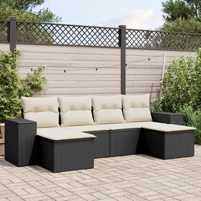 vidaXL Patio Sofa Set with Cushions 6 Piece, Outdoor Conversation Set, Sectional Sofa for Balcony Garden, Modern Style, Black Poly Rattan