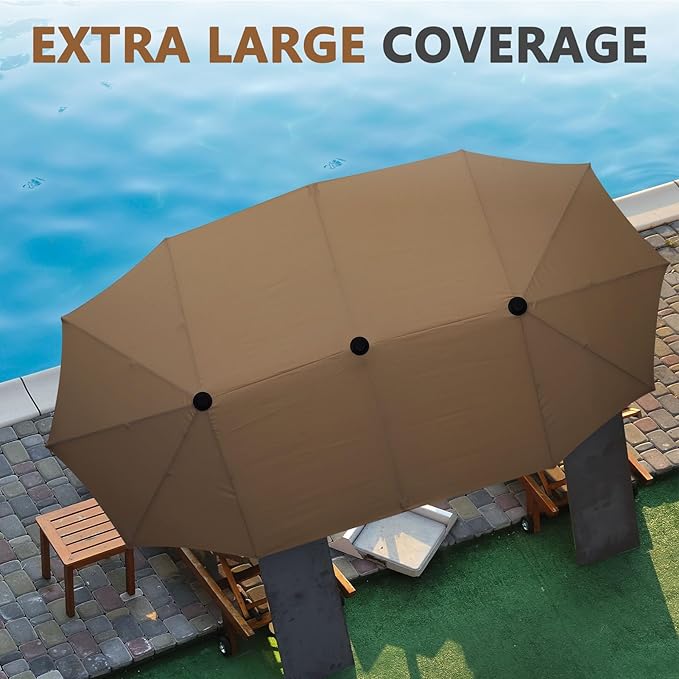 13Ft Large Patio Umbrella Outdoor Double-Sided Market Umbrella w/Easy Crank for Yard, Poolside, Deck, Coffee
