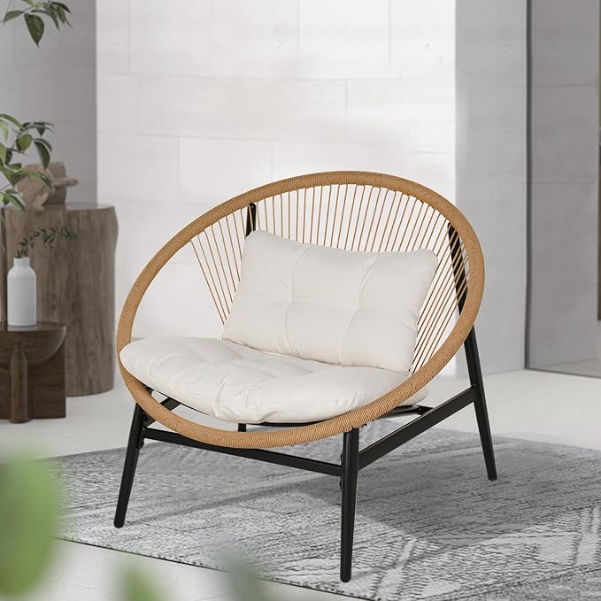 Grand patio 1-Piece Wicker Outdoor Chair, Patio Oversized Chair with Beige Cushion, Outdoor Furniture Set for Porch Balcony Deck Garden