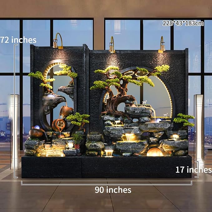 Outdoor Water Fountain with LED Light, Cement, Rockery Texture, 77L x 70H x 17W inches, for Living Room, Balcony, Dining Room, Garden Club,Housewarming Gift.Multiple Options(B+C)