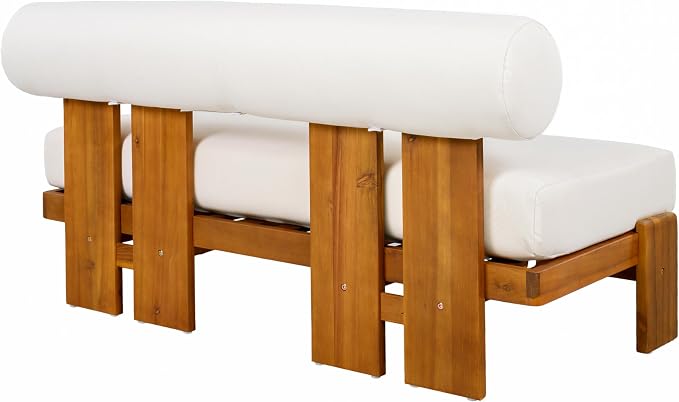 Merax 2 Piece Patio Loveseat & Coffee Table Set with Acacia Wood Frame, Waterproof Cushions & Round Backrest for Garden, Deck & Balcony, Beige+Teak