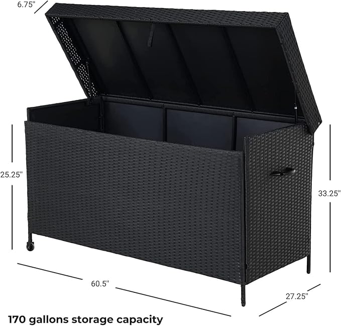 Grand 170 Gallon Deck Storage Bin - Outdoor/Indoor Wicker Storage for Patio Furniture Cushions, Garden Tools, Pool Accessories - Black