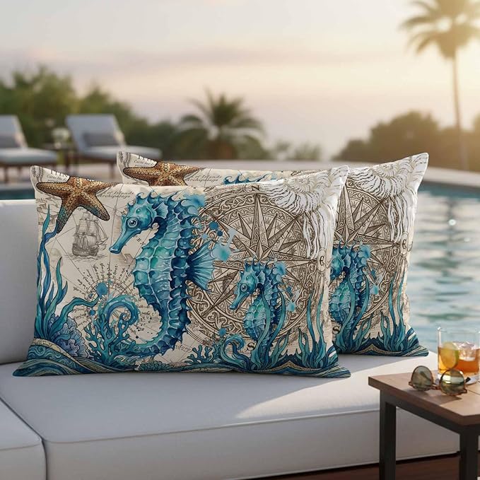 Nautical Coastal Outdoor Pillow Covers 20x12 Inch Lumbar Pillow Covers Set of 2 Waterproof Decorative Throw Pillow Cases Retro Marine Life Seahorse Compass Map Beige Cushion Covers for Patio Furniture