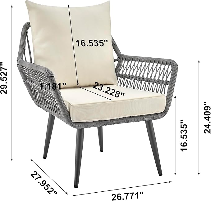 Manhattan Comfort Portofino 4-Piece Patio Conversation Set, Rope Wicker Design with Waterproof Cushions | Outdoor Furniture Includes 2 Armchairs, Loveseat & Coffee Table with Tempered Glass Top, Cream