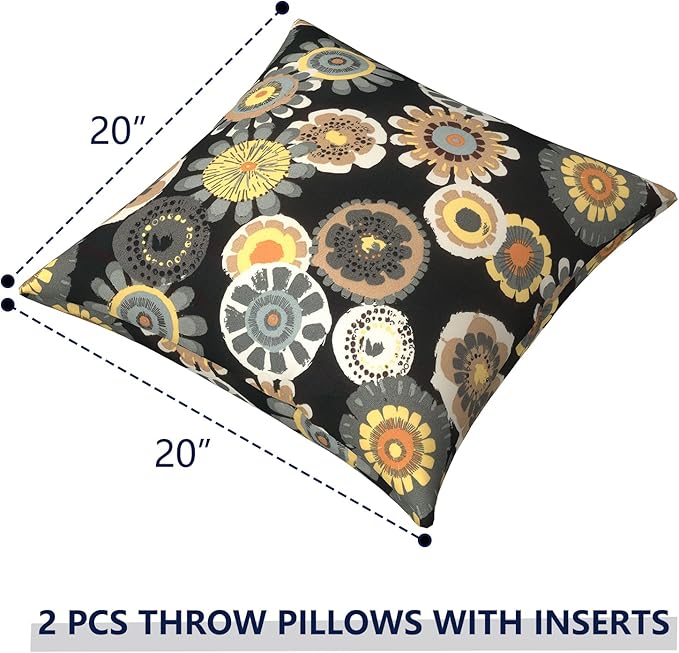 Outdoor Pillows for Patio Furniture 20x20 inch, Square Outdoor Throw Pillows with Inserts, Decorative Patio Pillows for Garden Couch Home Sofa Office Chair, Pack of 2,Black Yellow Crosby