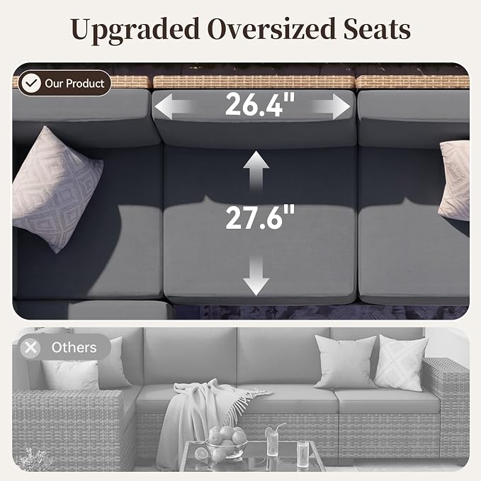 LazySunsets Patio Furniture Set, 8 Pieces Wicker Outdoor Sectional Sofa with 10'' Ultra-Thick Cushions & Ottomans, All-Weather Rattan Conversation Set for Backyard Poolside, Yellow/Dark Gray