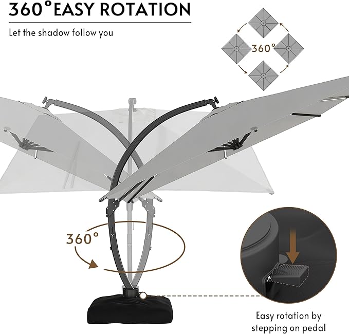 11x11FT Solar Powered LED Light Cantilever Patio Umbrella with Base Included, Large Cantilever Umbrella with 360°Rotation, Heavy-Duty Offset Outdoor Umbrella for Patio,Pool,Backyard (Gray)