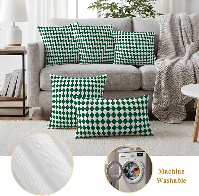 Modern Green White Diamond Outdoor Pillow Covers Set of 2,Decorative Waterproof Throw Pillow Case,Minimalist Geometric Plaid Cotton Linen Soft Cozy Cushion Pillowcases