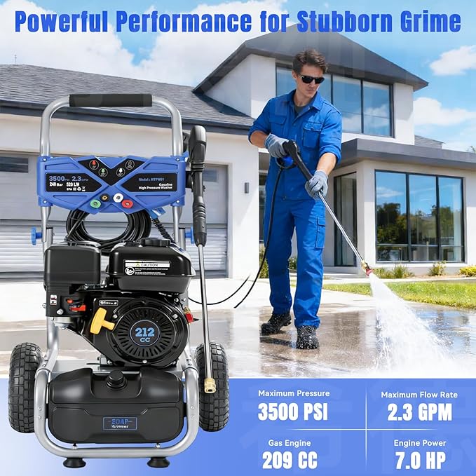 3500PSI Gas Pressure Washer, 212CC / 2.3GPM / 7HP / 4-Stroke Gas Power Washer with 4 Quick Connect Nozzles, 25FT Hose, Soap Tank, Gas Powered Pressure Washers for Driveways Decks Cars Paint Prep