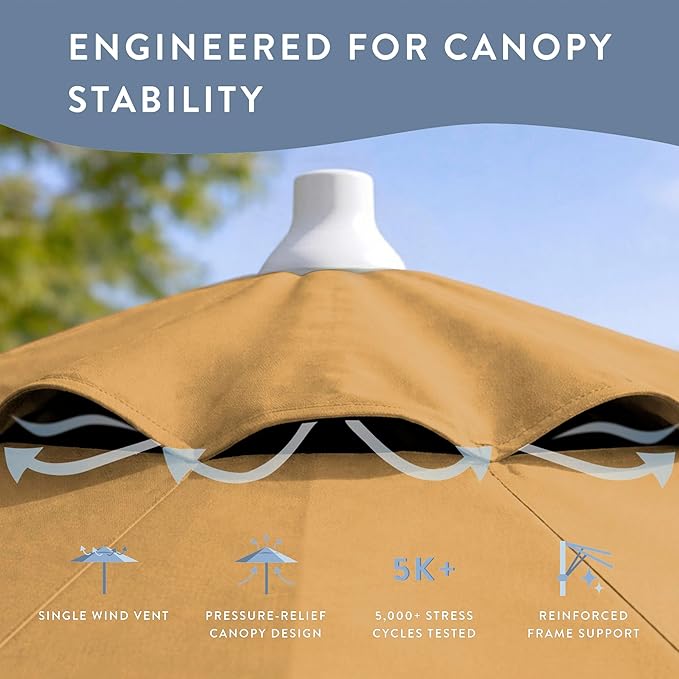 California Umbrella 12-Year Protection 9-Ft Outdoor Patio Umbrella, Sunbrella Fade-Resistant Fabric, Auto-Tilt, Heavy Duty Aluminum Frame, 8 Reinforced Ribs for Pool or Deck, White Pole, Wheat