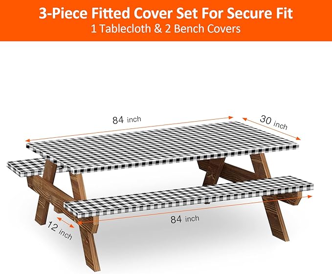 KENOBEE 7ft Picnic Table and Bench Cover, Camping Essentials RV Gear, 84 in Waterproof Windproof Outdoor Elastic All Around Tablecloth, Fitted Rectangle Tables and Seats, Black-White Checkered