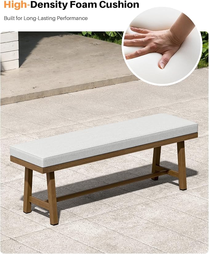 Teak Outdoor Patio Bench for 2 Person, Never-Rust Aluminum 57'' Backless Outdoor Bench with Removable Cushion, Weather-Resistant Outside Dining Benches for Porch, Deck, Garden, Backyard