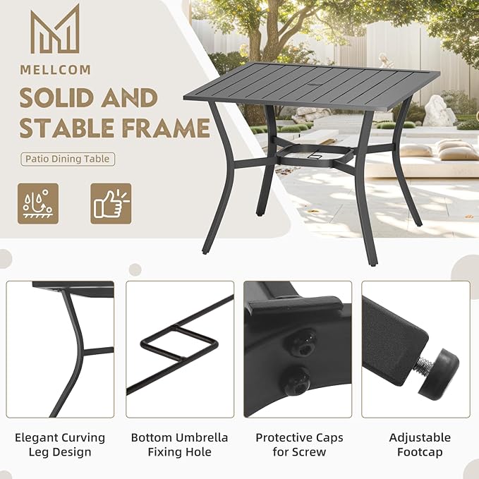 MELLCOM 5 Pieces Outdoor Dining Set, 4 Swivel Rocker Chairs with High Back Textilene & Square Metal Dining Table with Umbrella Hole, Patio Furniture Set for Porch, Garden, Backyard, Deck, Grey