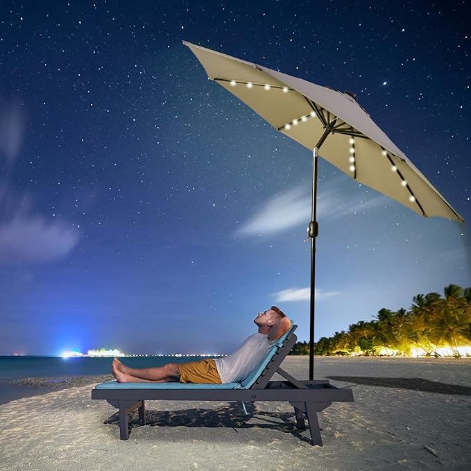 Backyard Expressions 9FT Solar Patio Umbrella with 32 LED Lights, UPF50+ UV Protection, Fade-Resistant Fabric, Easy Tilt & Crank, Outdoor Umbrella for Patio, Deck & Pool (Base Not Included)