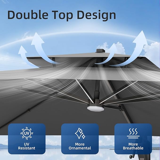 10x13 FT Patio Umbrella with LED Lights Cantilever Outdoor Large Heavy Duty Rectangle Aluminum Offset Umbrellas Double Top 360 Rotation 7 Tilt Adjustment for Pool Deck Garden, Grey