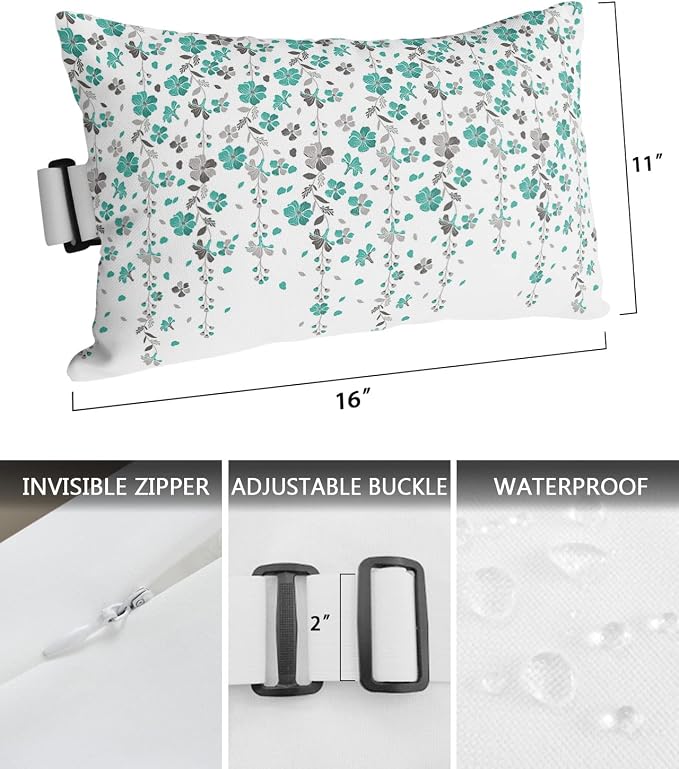Outdoor Pillows Covers with Inserts Flower Teal Grey Cherry Blossoms White Waterproof Pillow with Adjustable Strap Throw Pillows for Patio Furniture Recliner Lounge Chair, 11x16 inch, 1PCS