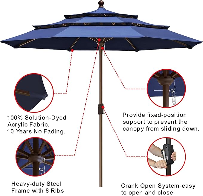 EliteShade USA 10-Year-Non-Fading 11ft 3-Tier Market Patio Umbrella, Commercial Grade Outdoor Table Umbrella with Crank Open, Windproof & UPF 50+ UV Protection, Heavy Duty Ventilation for Garden, Deck, Pool, Backyard, Beach & Bistro, No Tilt, Navy Blue