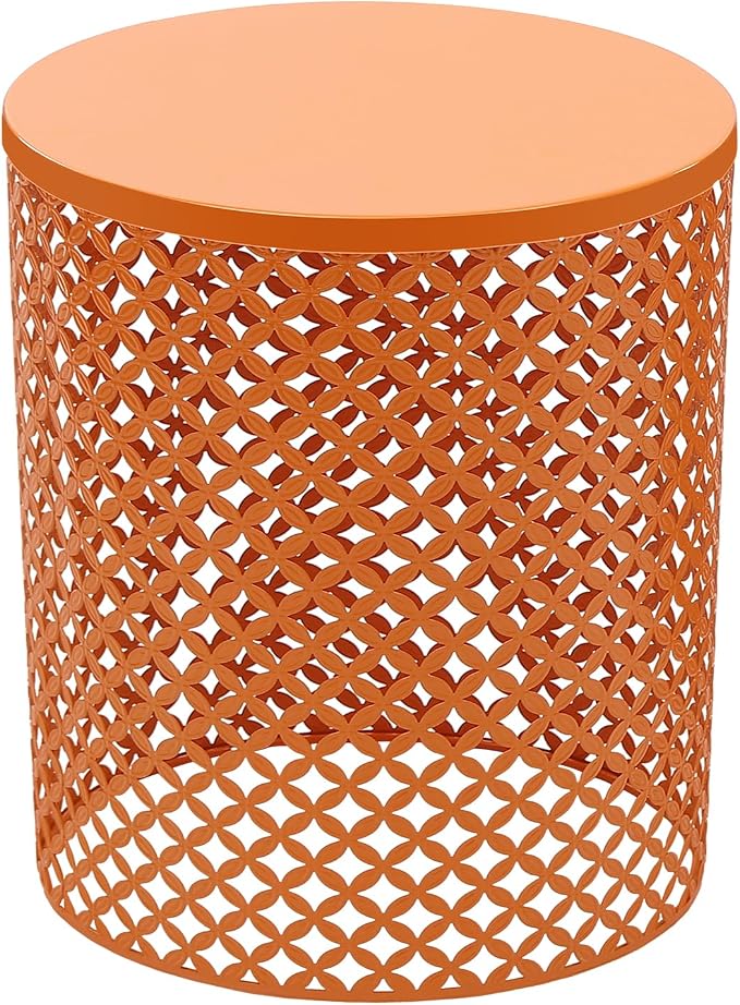 2 Pcs Metal Outdoor Side Table Set, Space-Saving Accent Table with Vintage Openwork Design, Modern Round End Table for Patio, Balcony, Living Room (Orange)