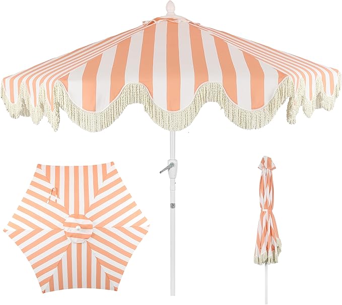 Eyely BMU1001 Halden 9 ft. Classic Cottage Tassel Market Patio Umbrella with Auto-Tilt, Crank