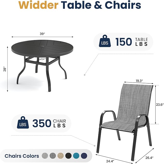 Amopatio 5 Pieces Patio Dining Set for 4, Outdoor Table and Chairs, 4 All Weather Stackable Patio Chairs, 39" Patio Spliced Round Table with Umbrella Hole, for Deck, Backyard, Garden, Gray