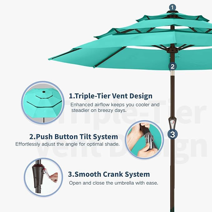 10FT Patio Umbrella 3 Tiers Outdoor Market Umbrella w/Push Button Tilt, Crank, UV and Waterproof Table Umbrella for Garden, Pool, Backyard, Deck, Lawn, Turquoise Blue