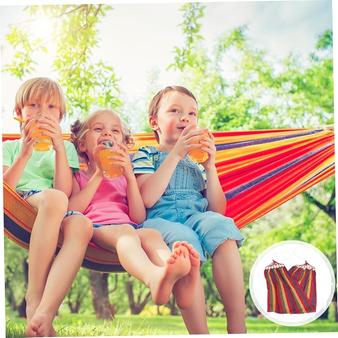 HEMOTON Traveling Single Leisure Hammock Rainbow Striped Canvas Cotton Outdoor Swing with Anti-tip Design for Camping and Garden Use
