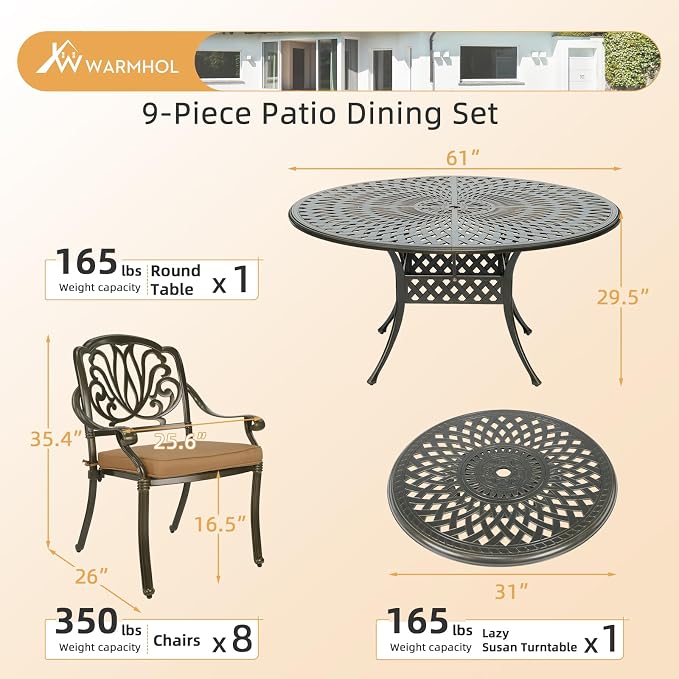 9-Piece Patio Furniture Dining Set, All Weather Cast Aluminum Outdoor Conversation Set- 61" Round Patio Dining Table with Detachable Lazy Susan & 8 Cushioned Chairs, Umbrella Hole, Khaki