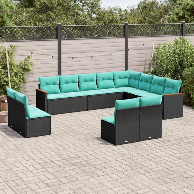12 Piece Patio Sofa Set with Cushions, Porch Furniture Set Patio Conversation Set Outdoor Sofa Sets Front Porch Furniture for Negotiation Area Garden Piazza Poolside Black Poly Rattan