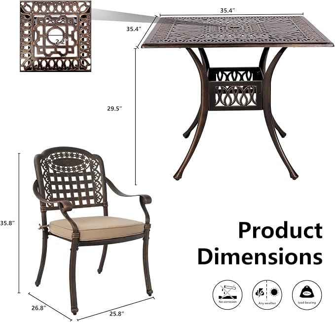 TITIMO 5-Piece Outdoor Patio Dining Set, Cast Aluminum Patio Furniture Set, 4 Pattern Chairs with Khaki Cushion and 2.2” Umbrella Hole Table, Cast Aluminum Conversation for Yard Garden Porch Poolside